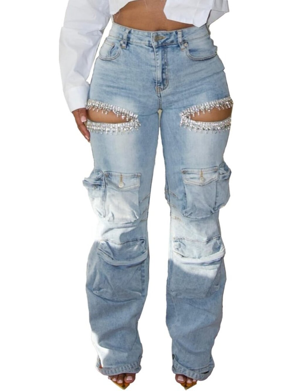 Women Rhinestone Cargo Jeans Baggy Ripped Stretchy Denim Pants